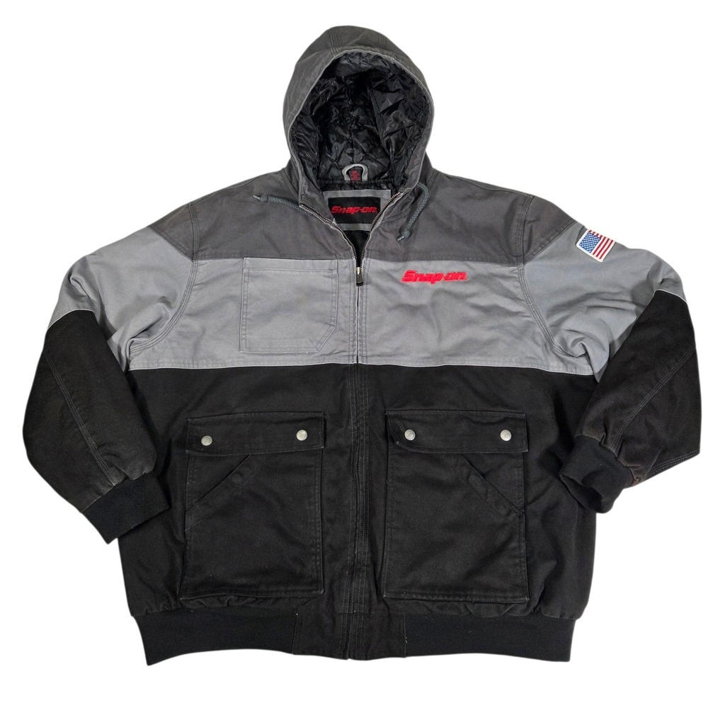 Snap-on Hooded‎ Work Jacket Mens 3XL Gray Black Canvas Quilted Mechanic Heavy